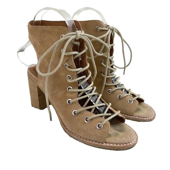 Jeffrey Campbell x Free People Tan Suede Lace Up Sandals Stacked Heel Women's 6 - Picture 1 of 9
